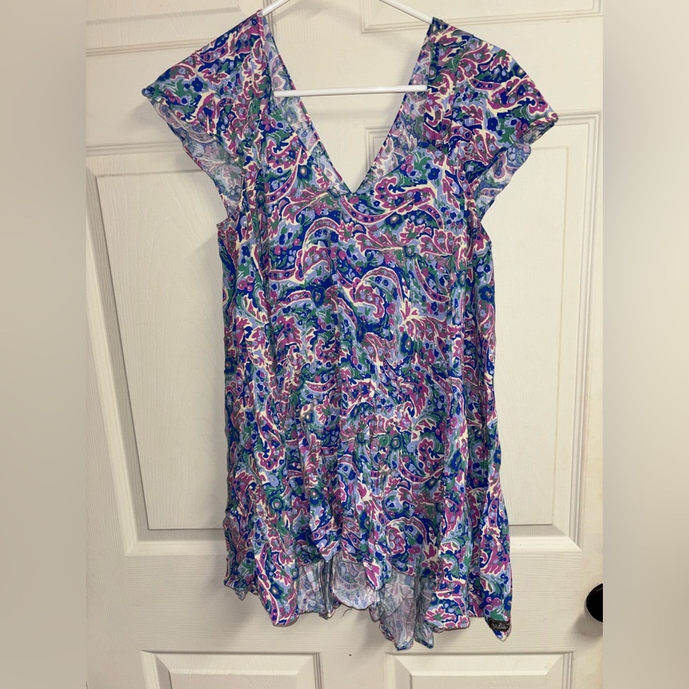 Matilda Jane Blue and Pink Asymmetrical Cap Sleeve Blouse